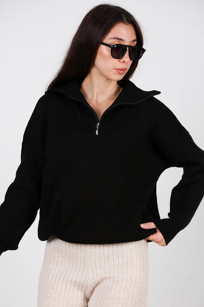 Kadın Yarım Fermuar Kazak Siyah