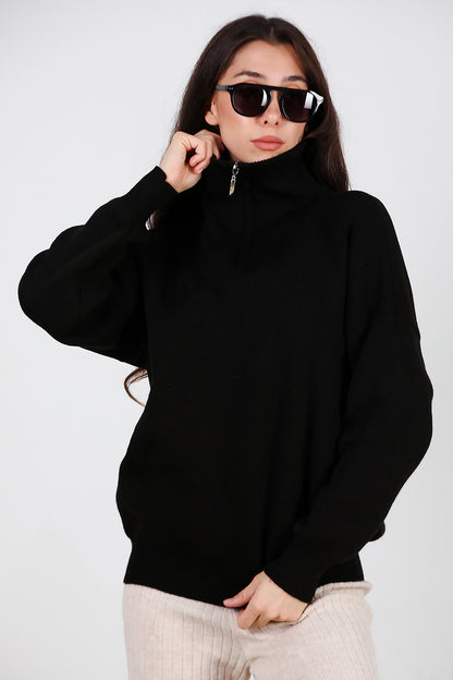 Kadın Yarım Fermuar Kazak Siyah