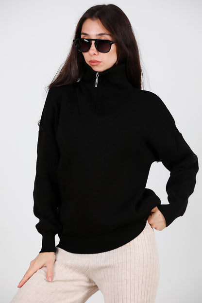 Kadın Yarım Fermuar Kazak Siyah