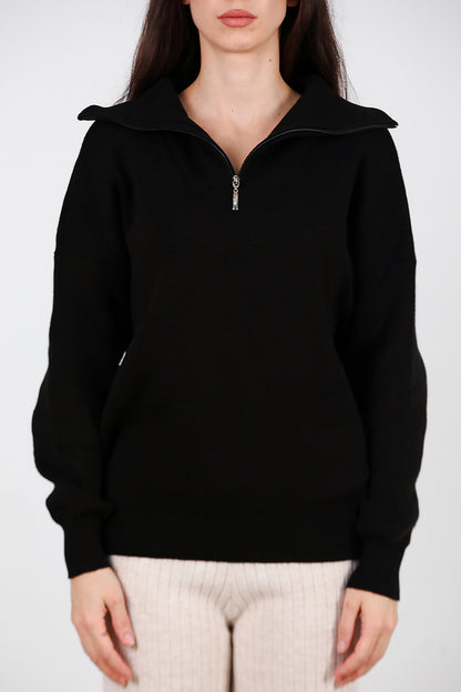 Kadın Yarım Fermuar Kazak Siyah