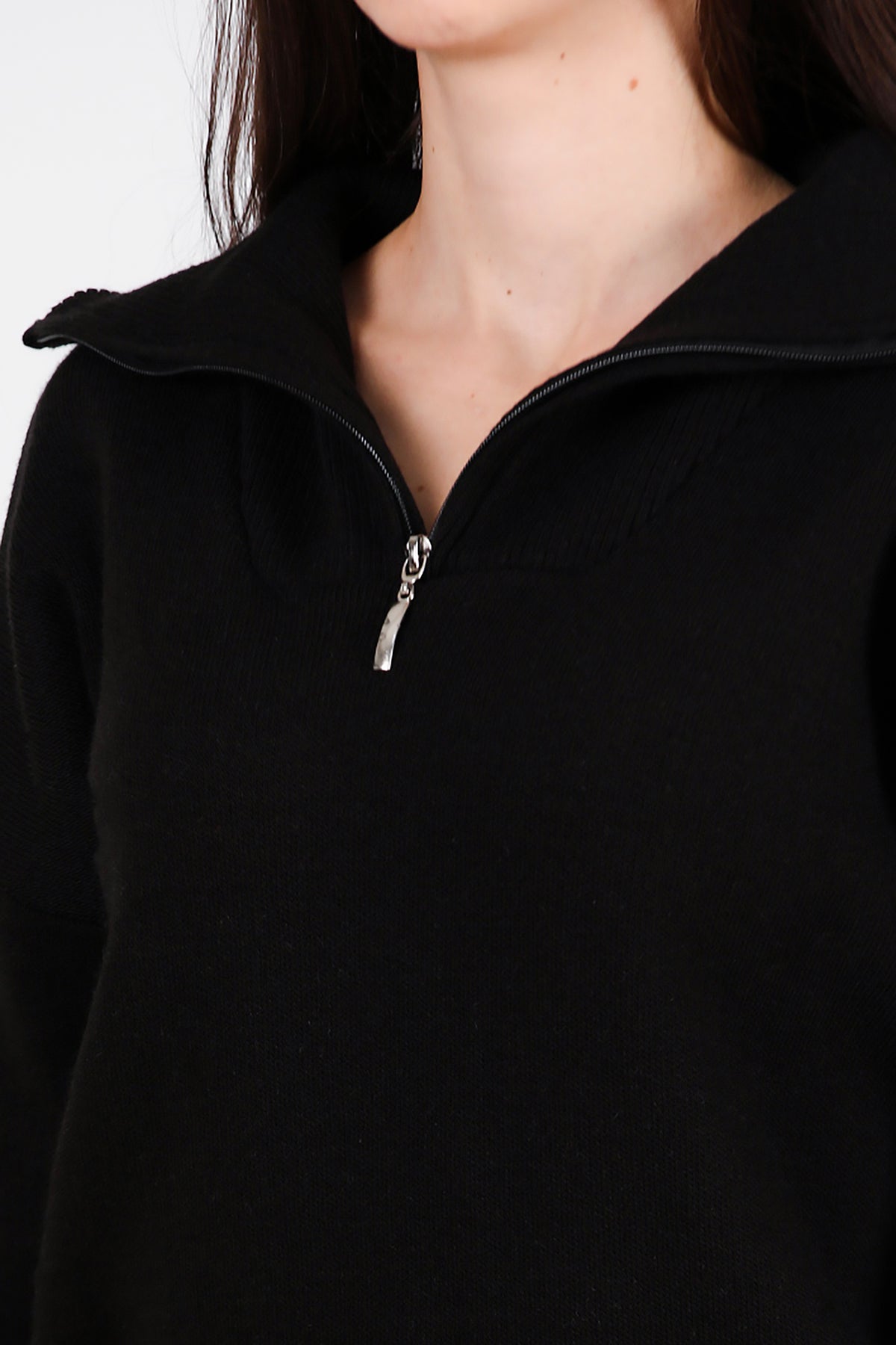 Kadın Yarım Fermuar Kazak Siyah