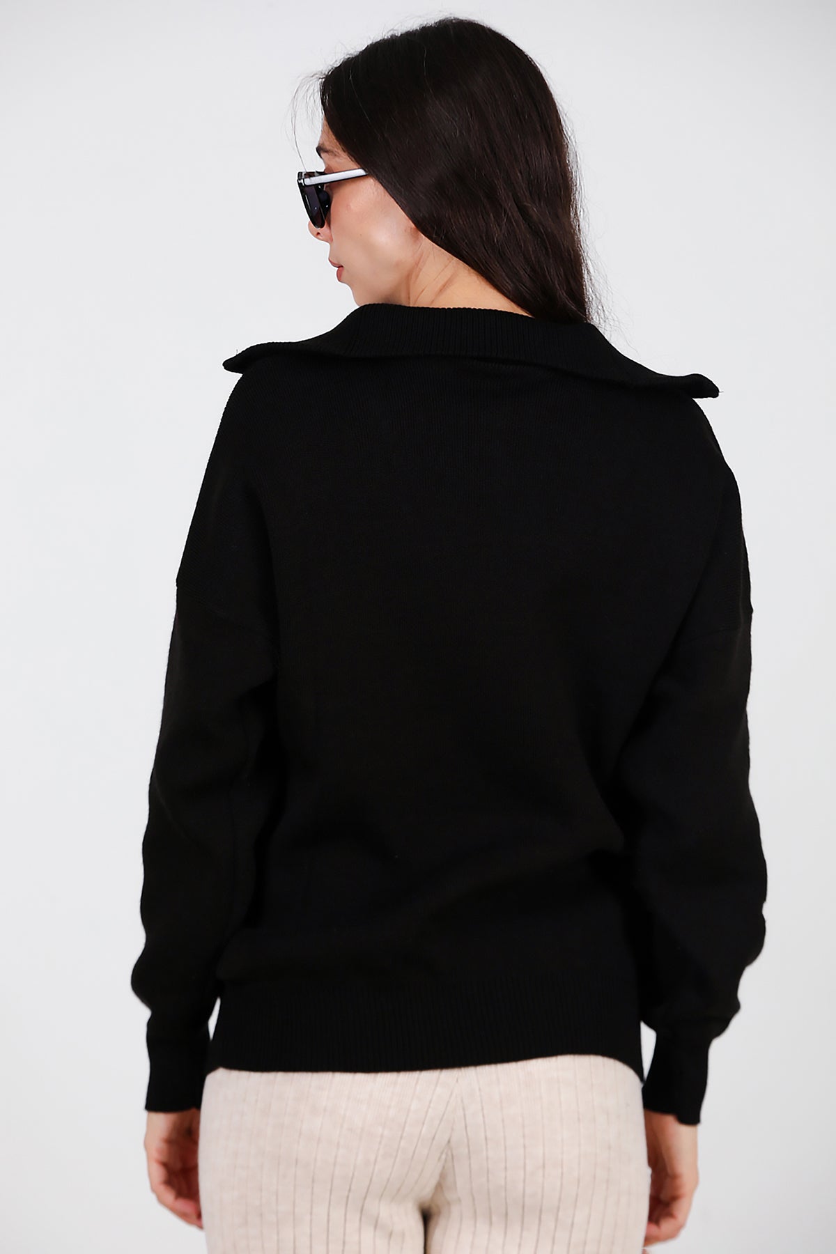 Kadın Yarım Fermuar Kazak Siyah