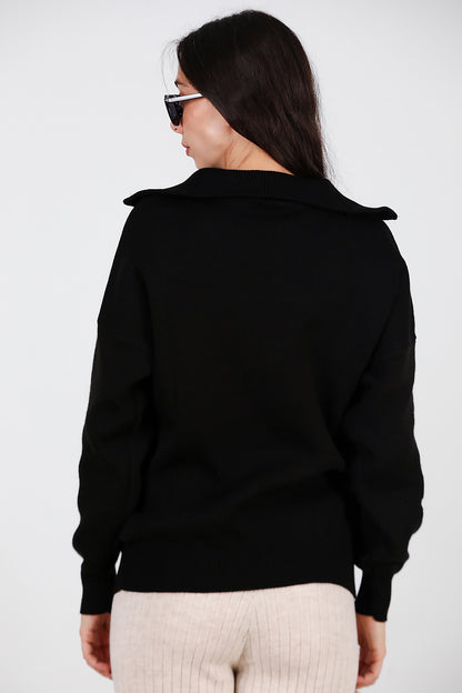 Kadın Yarım Fermuar Kazak Siyah