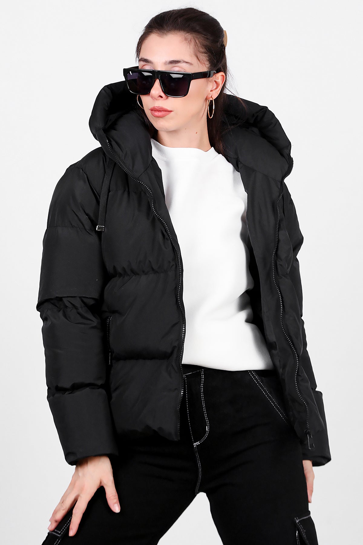 Kadın Oversize Kısa Mont Siyah