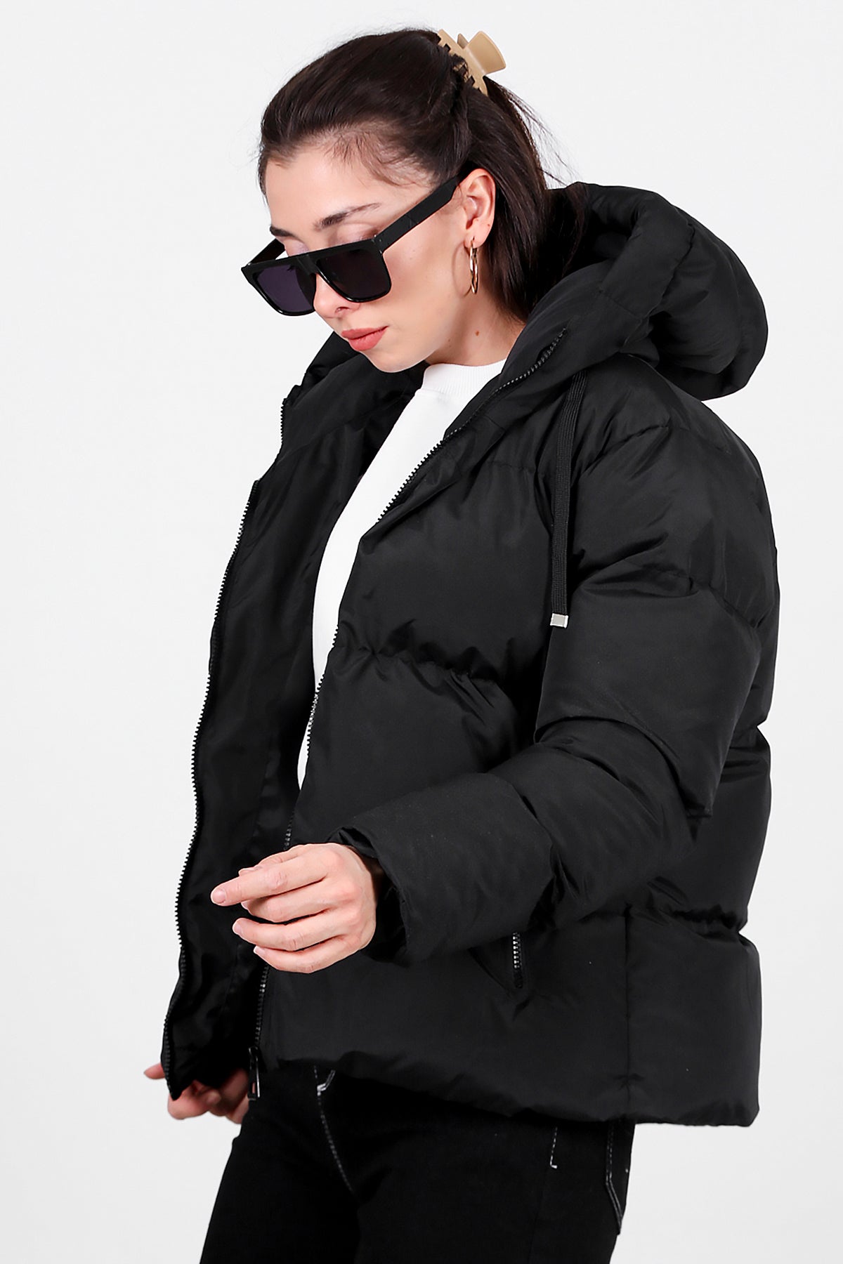 Kadın Oversize Kısa Mont Siyah