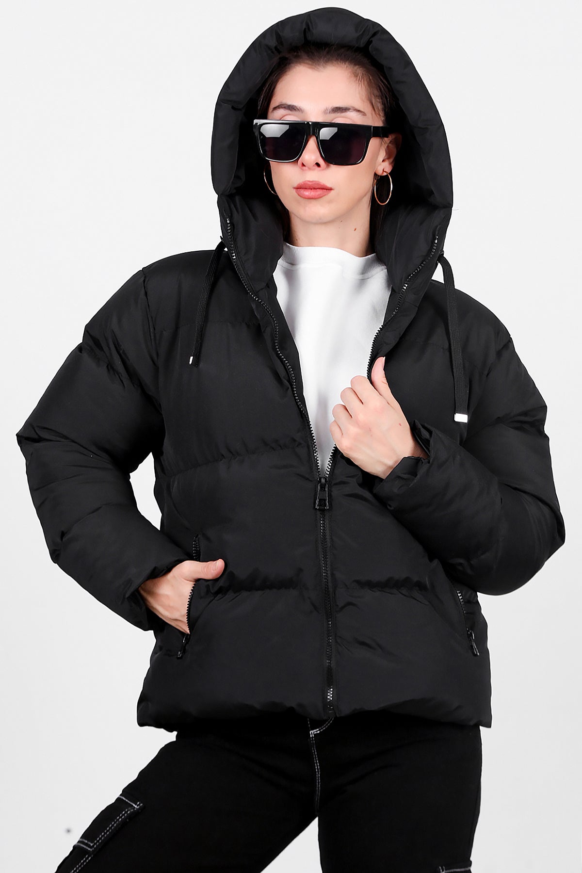Kadın Oversize Kısa Mont Siyah