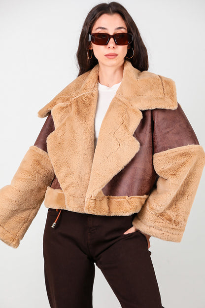 Kadın Geniş Yaka Kolu Peluş Süet Mont Kahverengi