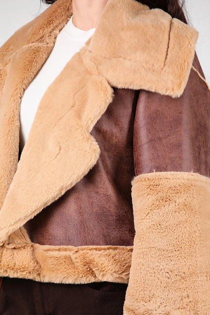 Kadın Geniş Yaka Kolu Peluş Süet Mont Kahverengi