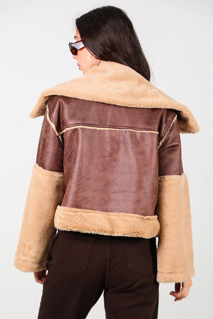 Kadın Geniş Yaka Kolu Peluş Süet Mont Kahverengi