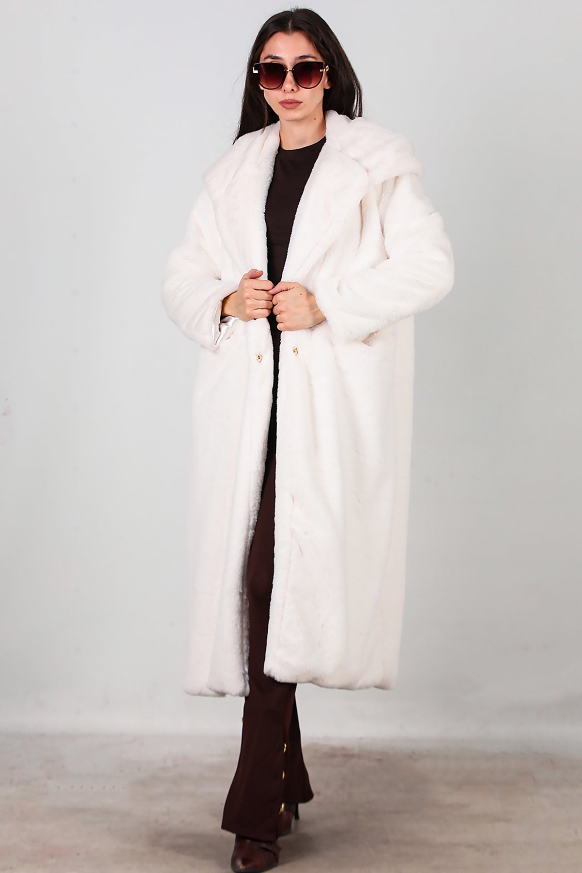 Kadın Kapşonlu Uzun Kürk Mont Ekru