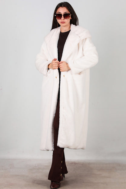 Kadın Kapşonlu Uzun Kürk Mont Ekru