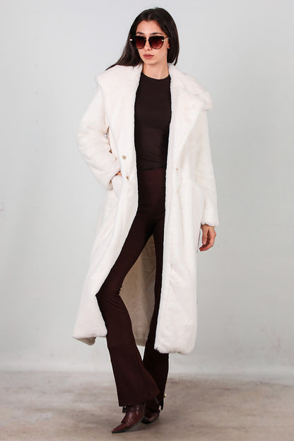 Kadın Kapşonlu Uzun Kürk Mont Ekru