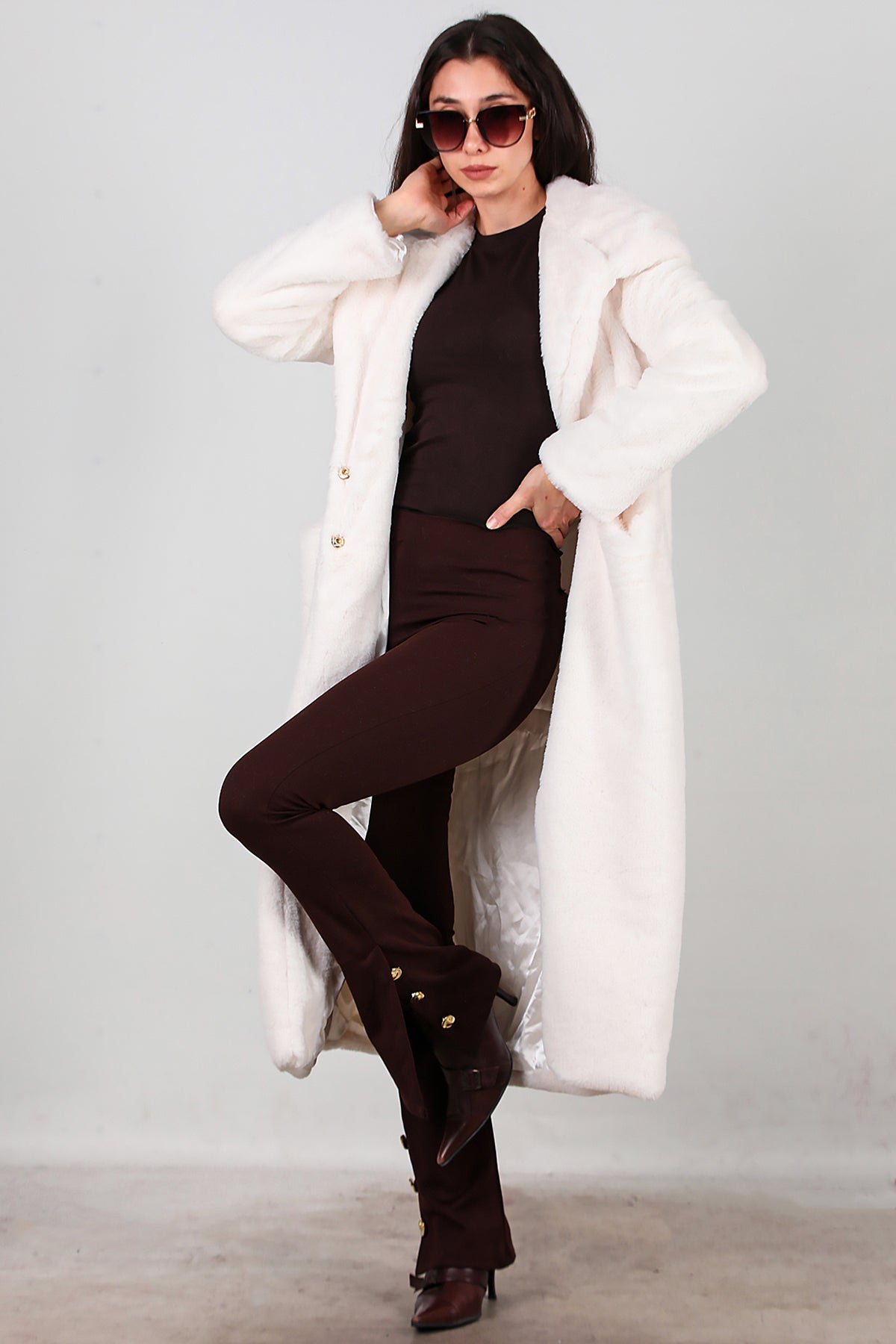 Kadın Kapşonlu Uzun Kürk Mont Ekru