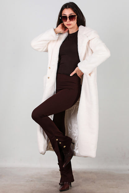 Kadın Kapşonlu Uzun Kürk Mont Ekru