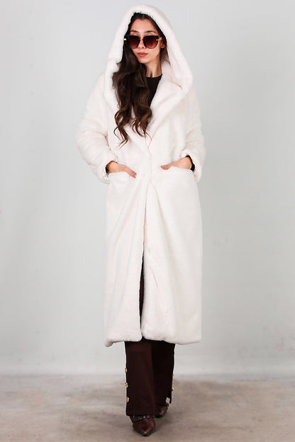 Kadın Kapşonlu Uzun Kürk Mont Ekru
