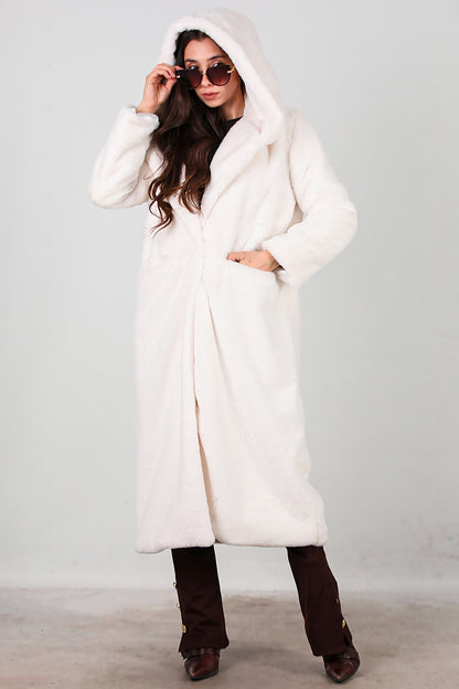 Kadın Kapşonlu Uzun Kürk Mont Ekru