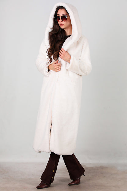 Kadın Kapşonlu Uzun Kürk Mont Ekru