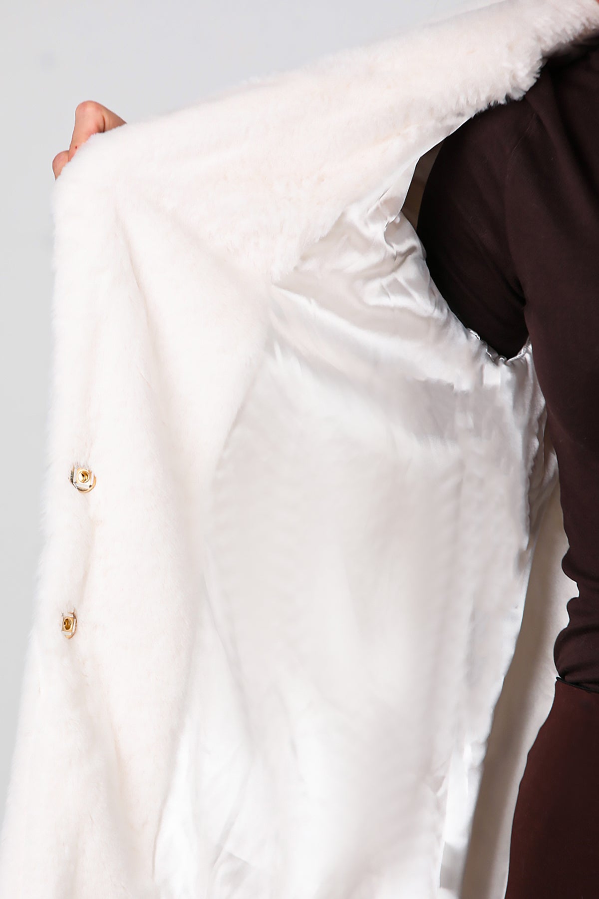 Kadın Kapşonlu Uzun Kürk Mont Ekru