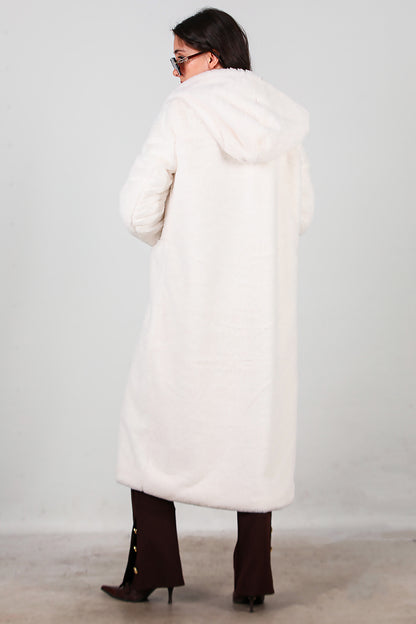 Kadın Kapşonlu Uzun Kürk Mont Ekru