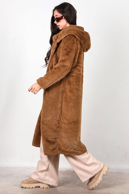 Kadın Kapşonlu Uzun Kürk Mont Kahverengi