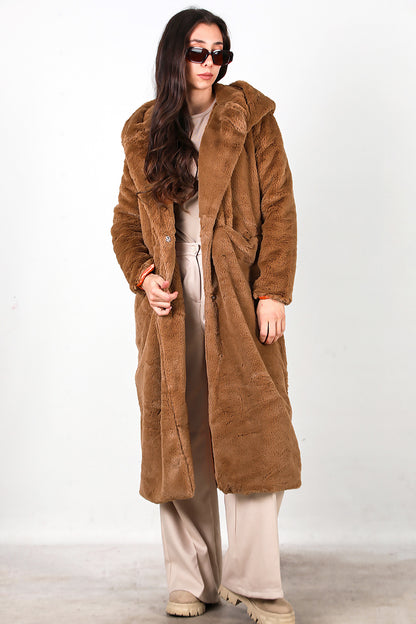 Kadın Kapşonlu Uzun Kürk Mont Kahverengi