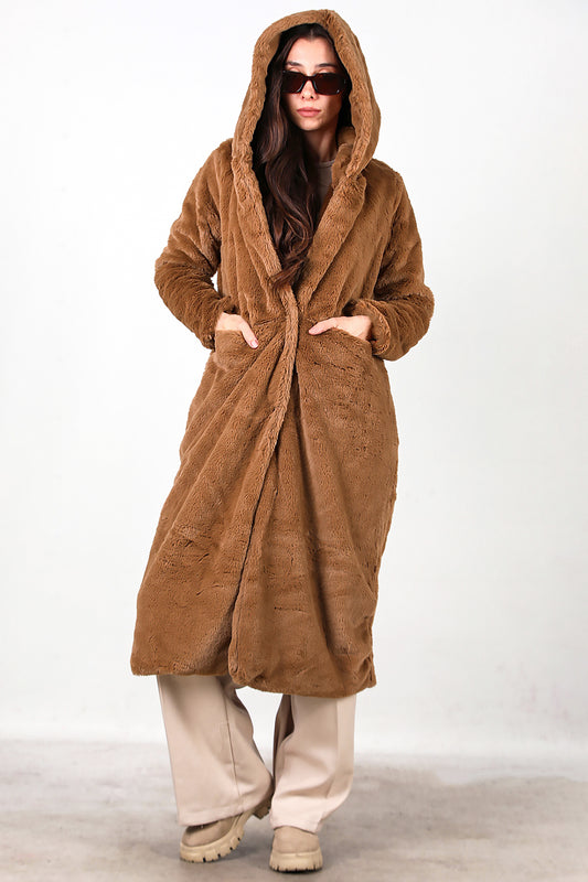 Kadın Kapşonlu Uzun Kürk Mont Kahverengi