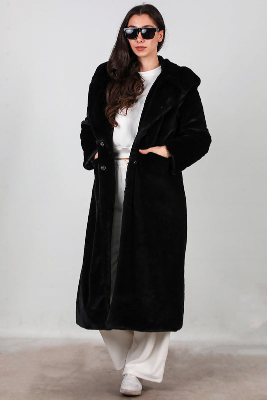 Kadın Kapşonlu Uzun Kürk Mont Siyah
