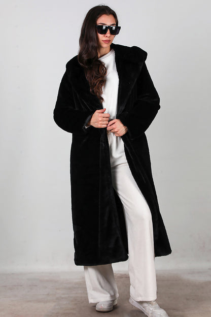 Kadın Kapşonlu Uzun Kürk Mont Siyah