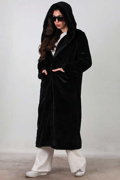 Kadın Kapşonlu Uzun Kürk Mont Siyah
