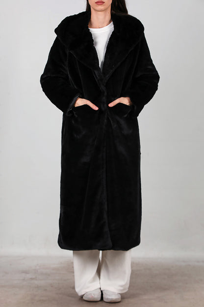 Kadın Kapşonlu Uzun Kürk Mont Siyah