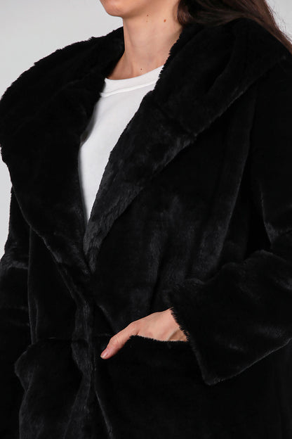 Kadın Kapşonlu Uzun Kürk Mont Siyah