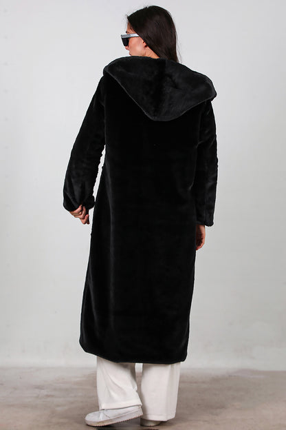 Kadın Kapşonlu Uzun Kürk Mont Siyah