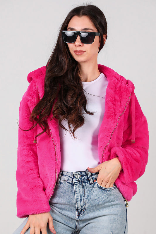 Kadın Etek Ucu Lastikli Kapşonlu Peluş Mont Fuşya