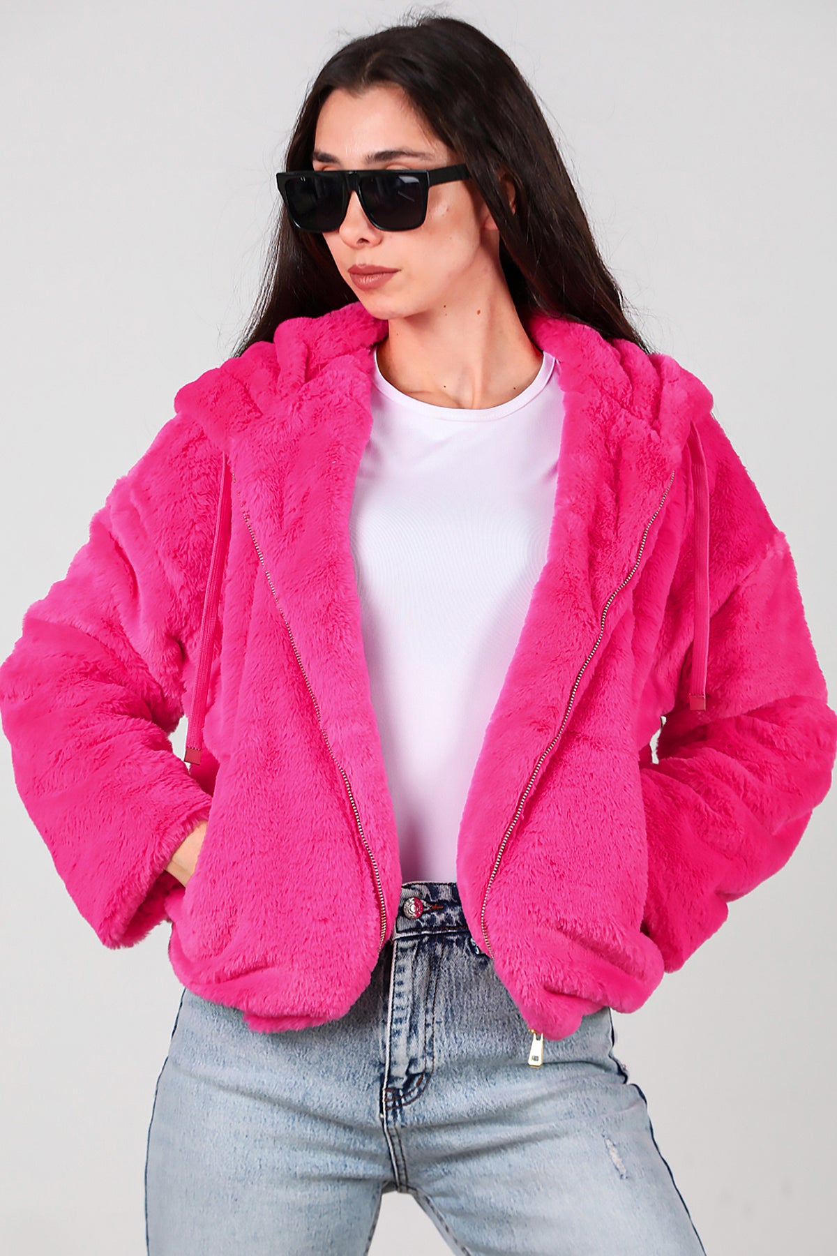 Kadın Etek Ucu Lastikli Kapşonlu Peluş Mont Fuşya