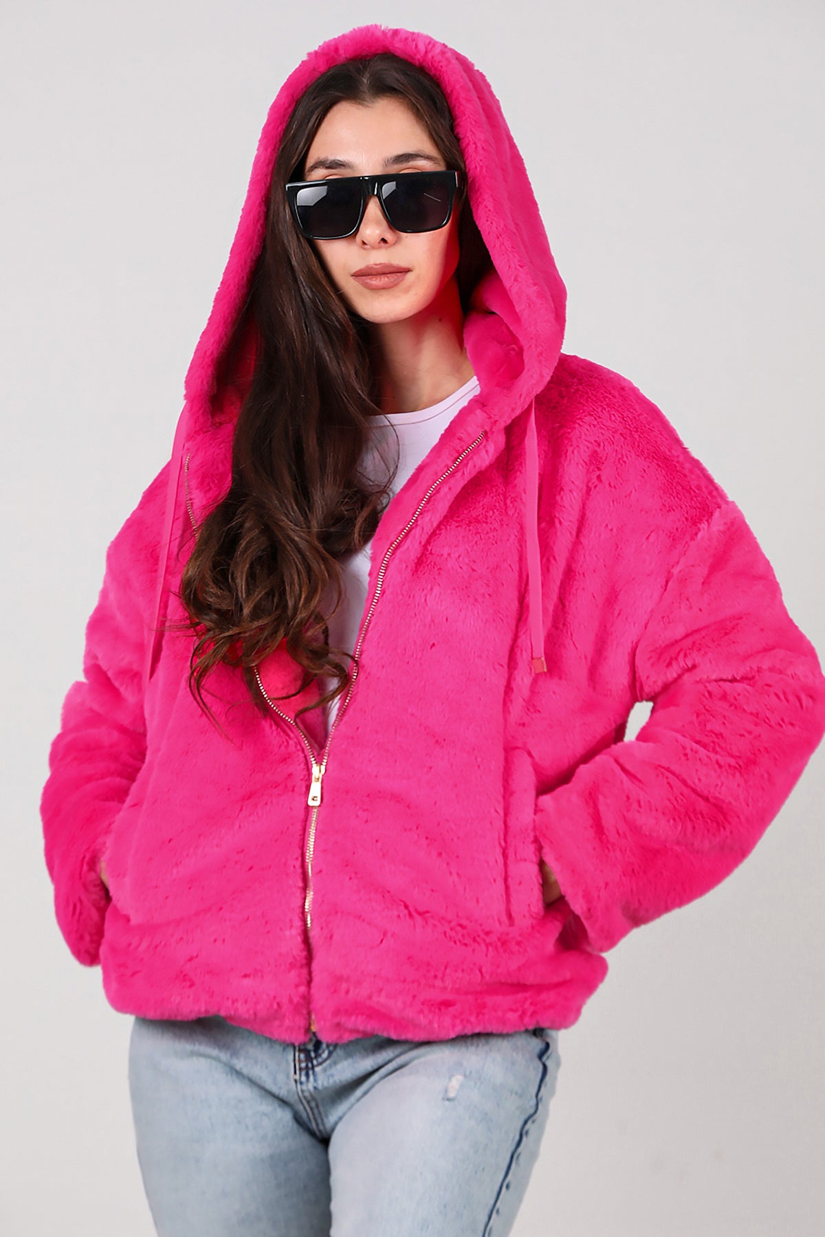 Kadın Etek Ucu Lastikli Kapşonlu Peluş Mont Fuşya