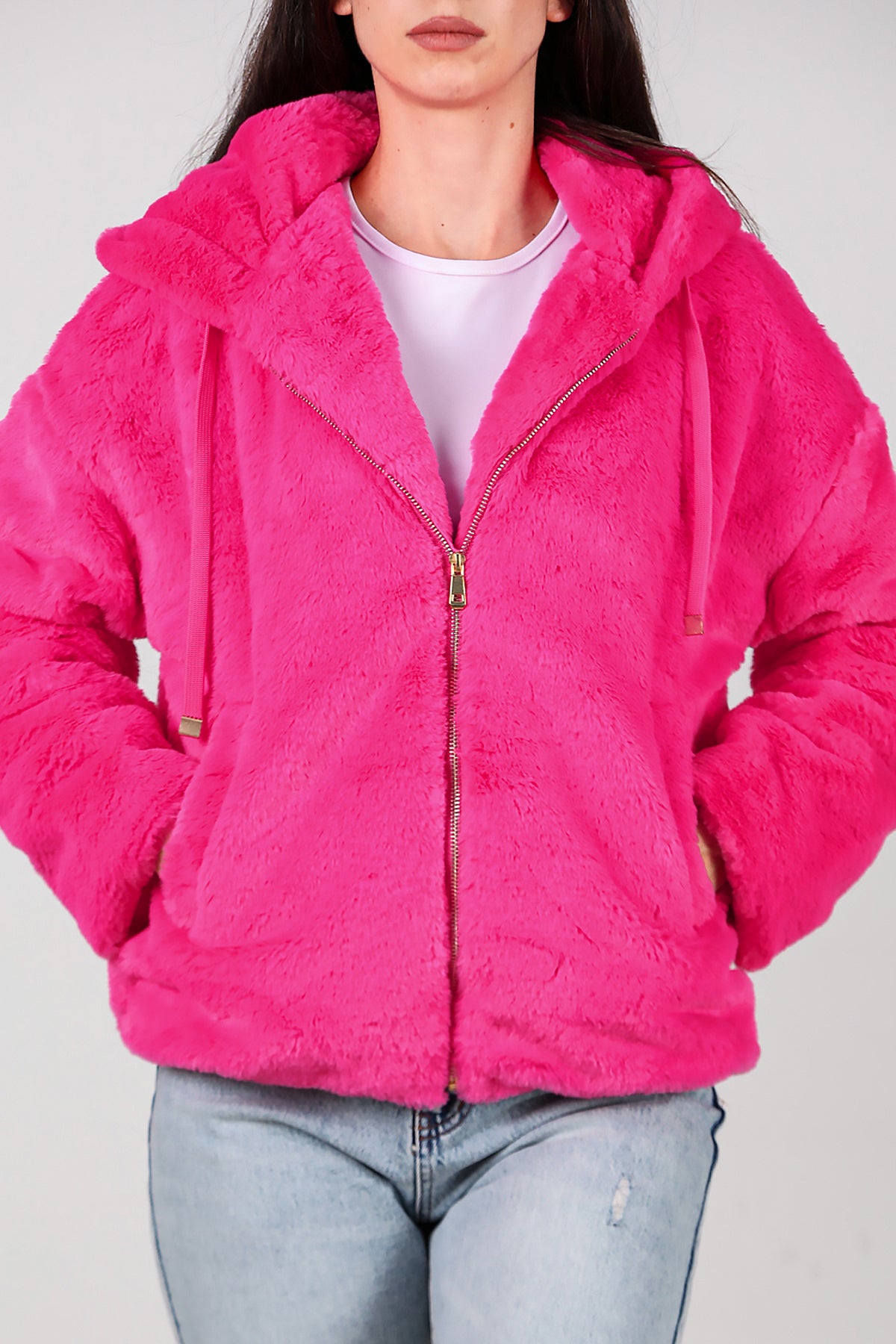 Kadın Etek Ucu Lastikli Kapşonlu Peluş Mont Fuşya