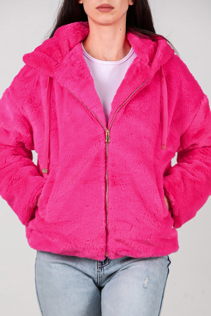 Kadın Etek Ucu Lastikli Kapşonlu Peluş Mont Fuşya