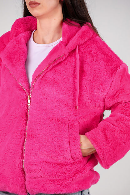 Kadın Etek Ucu Lastikli Kapşonlu Peluş Mont Fuşya