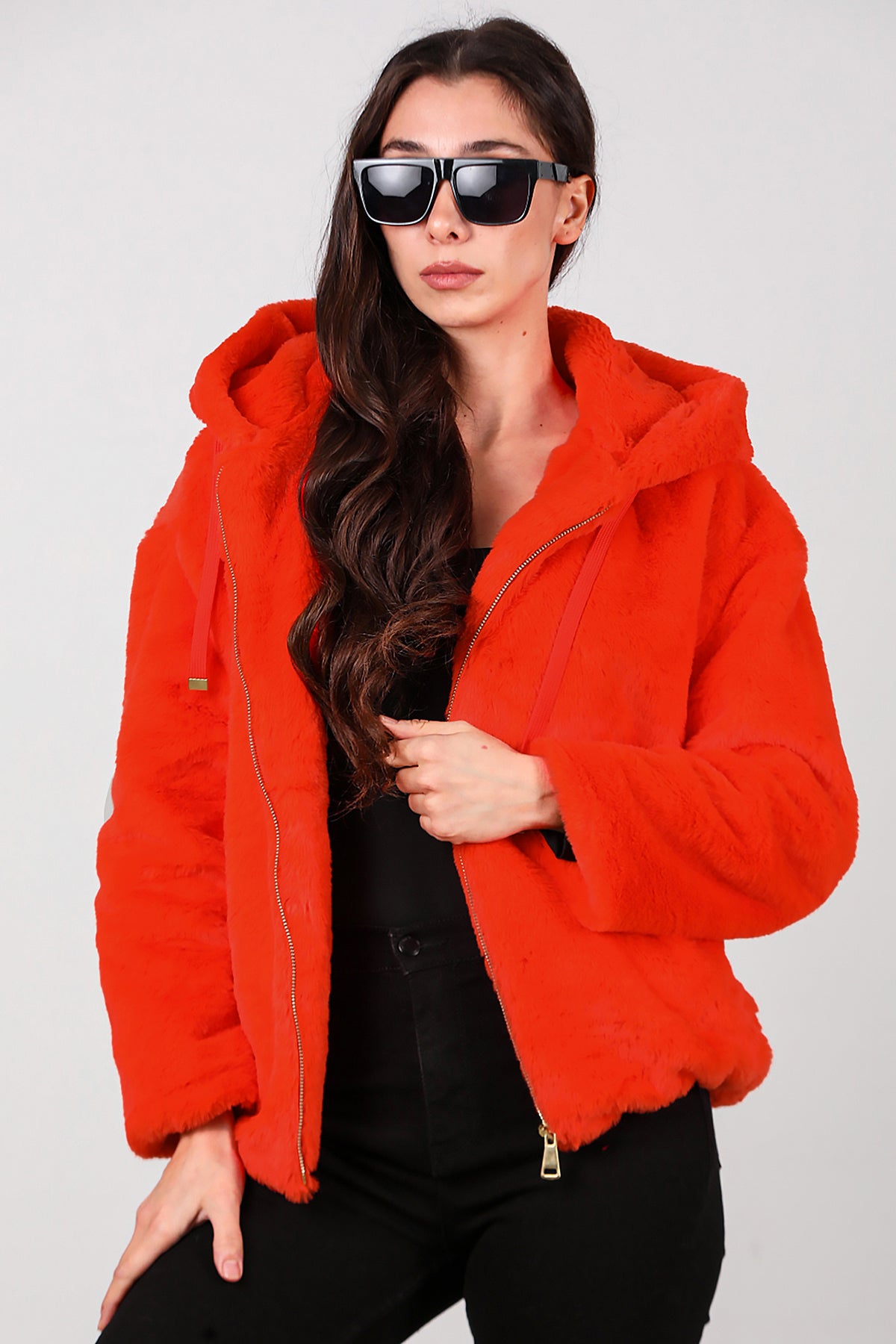 Kadın Etek Ucu Lastikli Kapşonlu Peluş Mont Turuncu