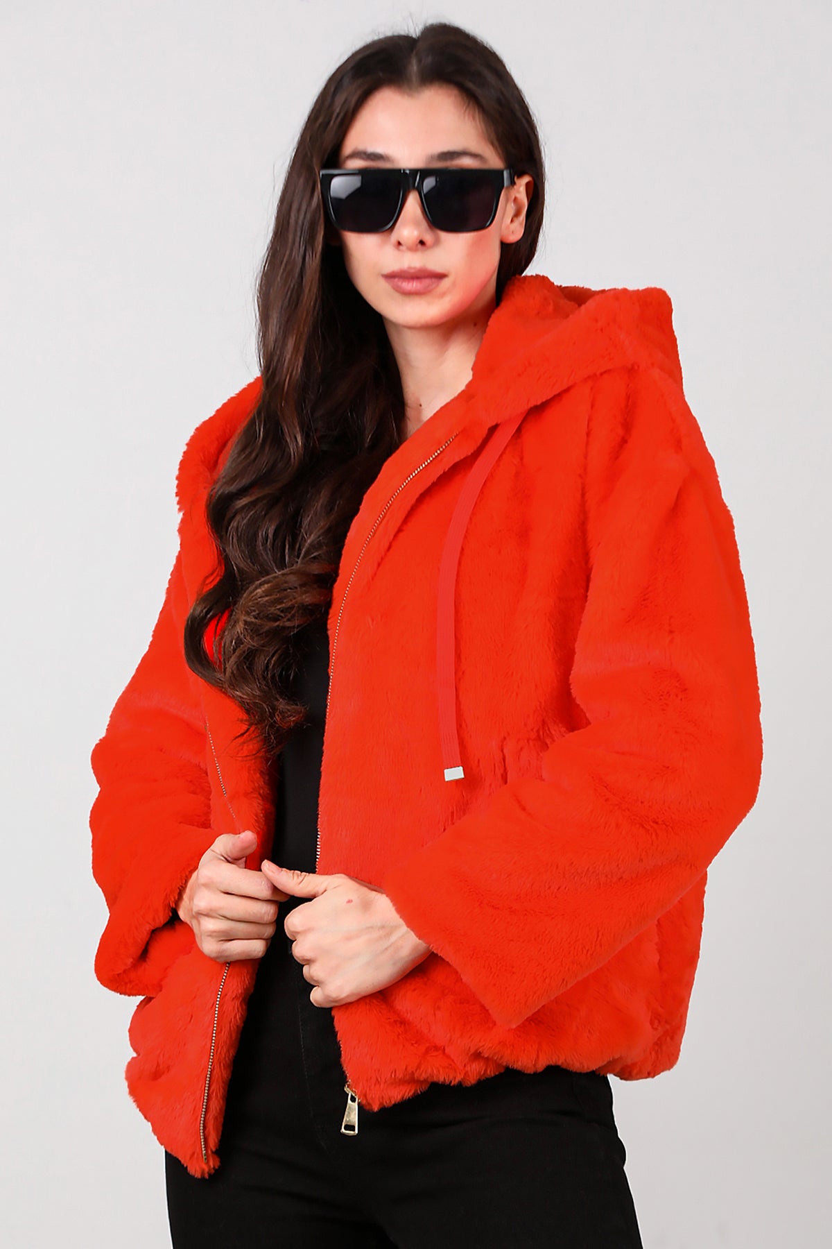 Kadın Etek Ucu Lastikli Kapşonlu Peluş Mont Turuncu