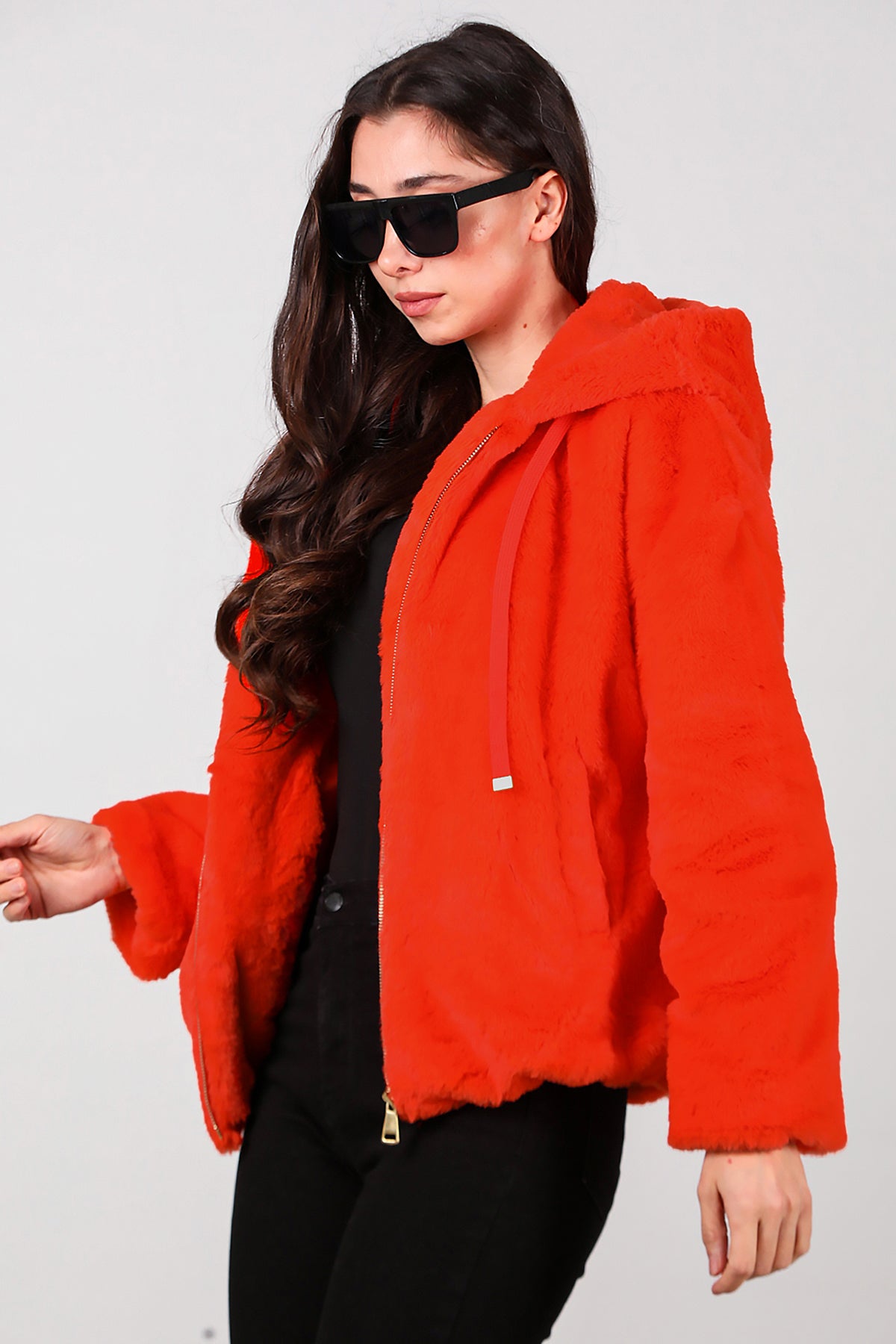 Kadın Etek Ucu Lastikli Kapşonlu Peluş Mont Turuncu