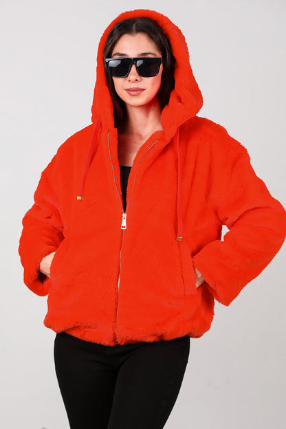 Kadın Etek Ucu Lastikli Kapşonlu Peluş Mont Turuncu