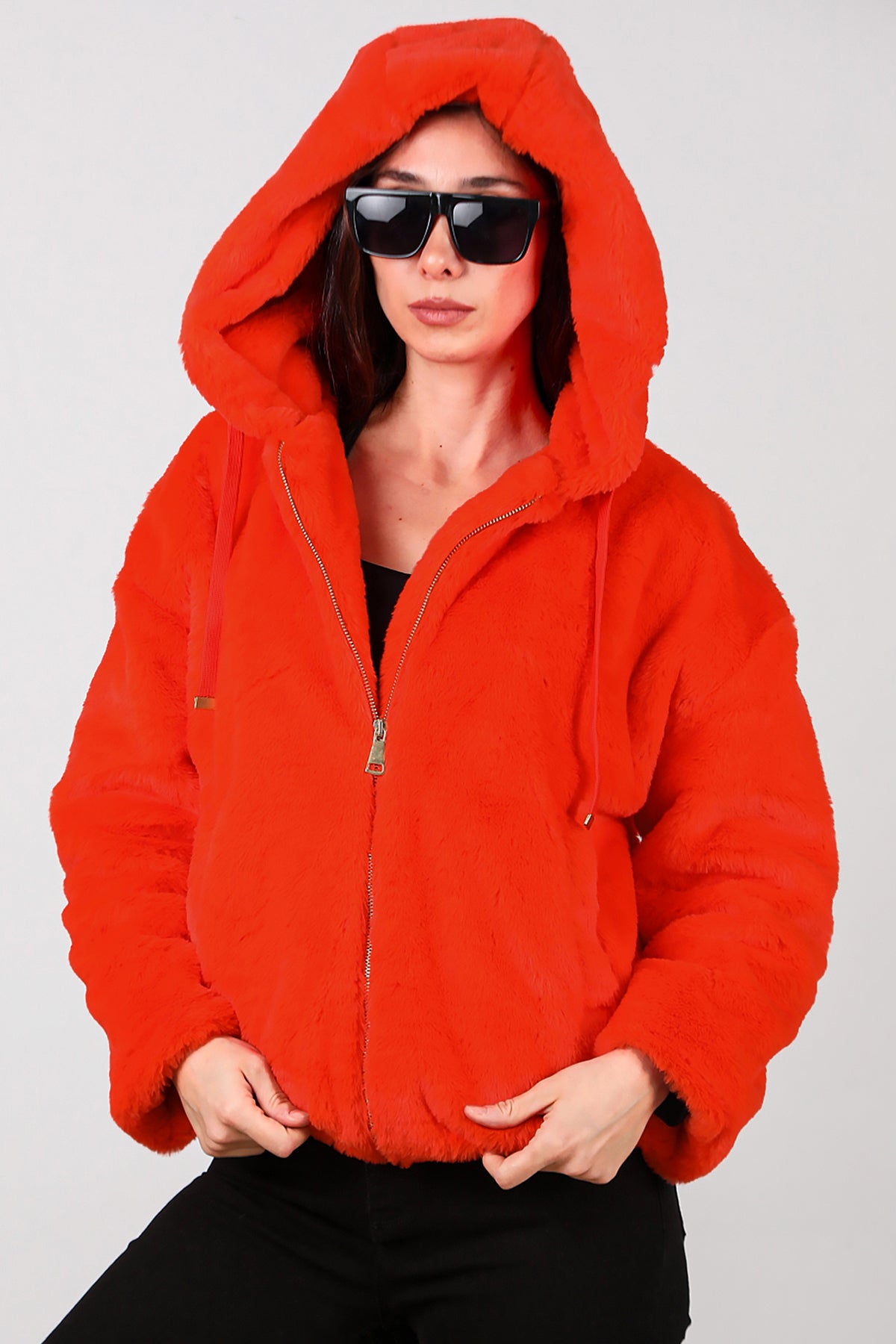 Kadın Etek Ucu Lastikli Kapşonlu Peluş Mont Turuncu