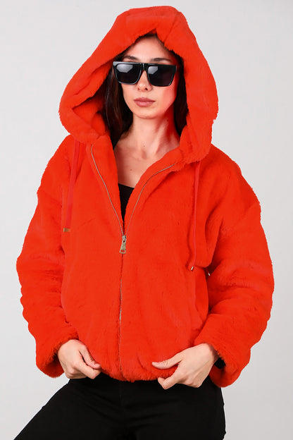 Kadın Etek Ucu Lastikli Kapşonlu Peluş Mont Turuncu