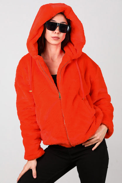 Kadın Etek Ucu Lastikli Kapşonlu Peluş Mont Turuncu