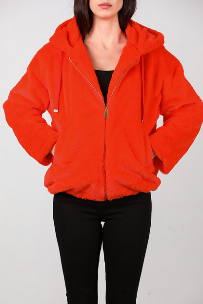 Kadın Etek Ucu Lastikli Kapşonlu Peluş Mont Turuncu