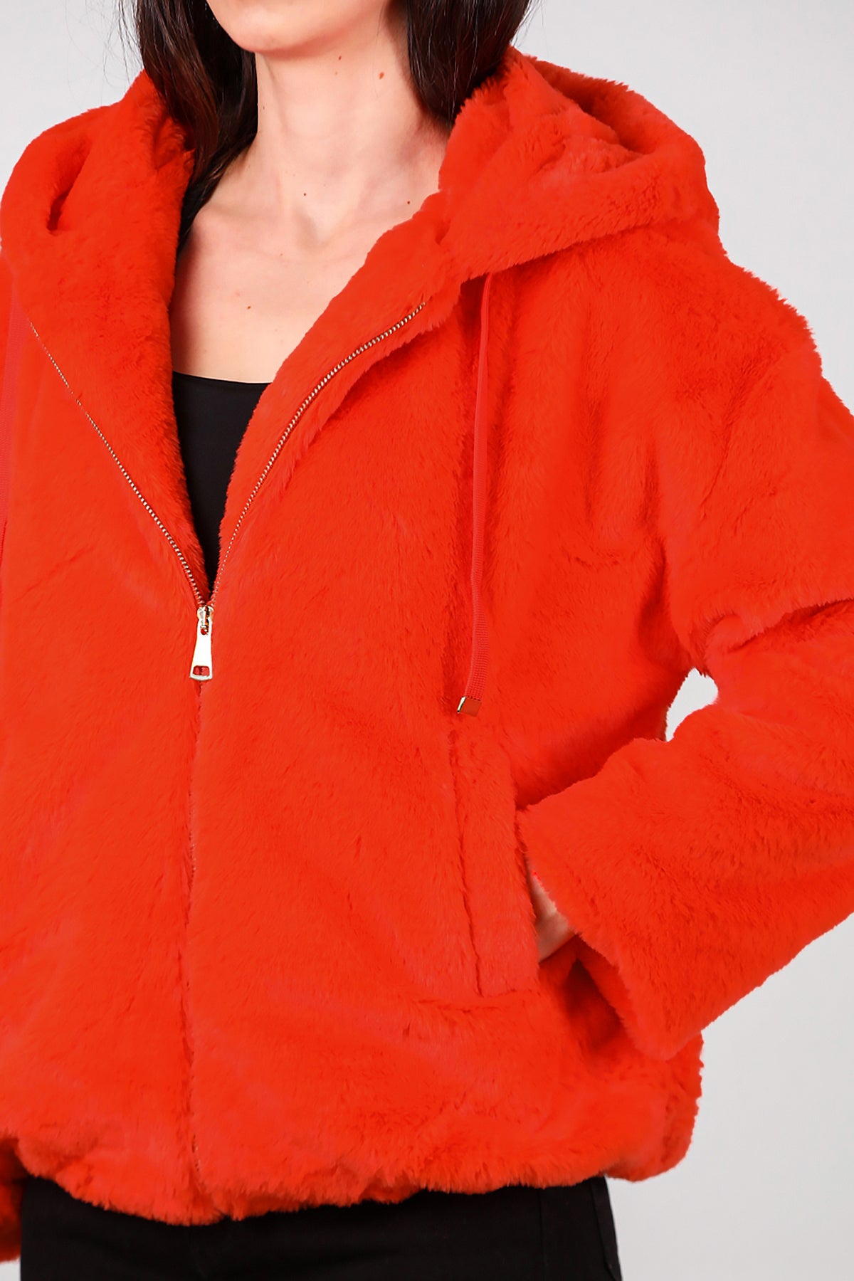 Kadın Etek Ucu Lastikli Kapşonlu Peluş Mont Turuncu