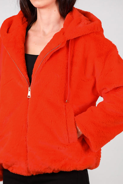 Kadın Etek Ucu Lastikli Kapşonlu Peluş Mont Turuncu