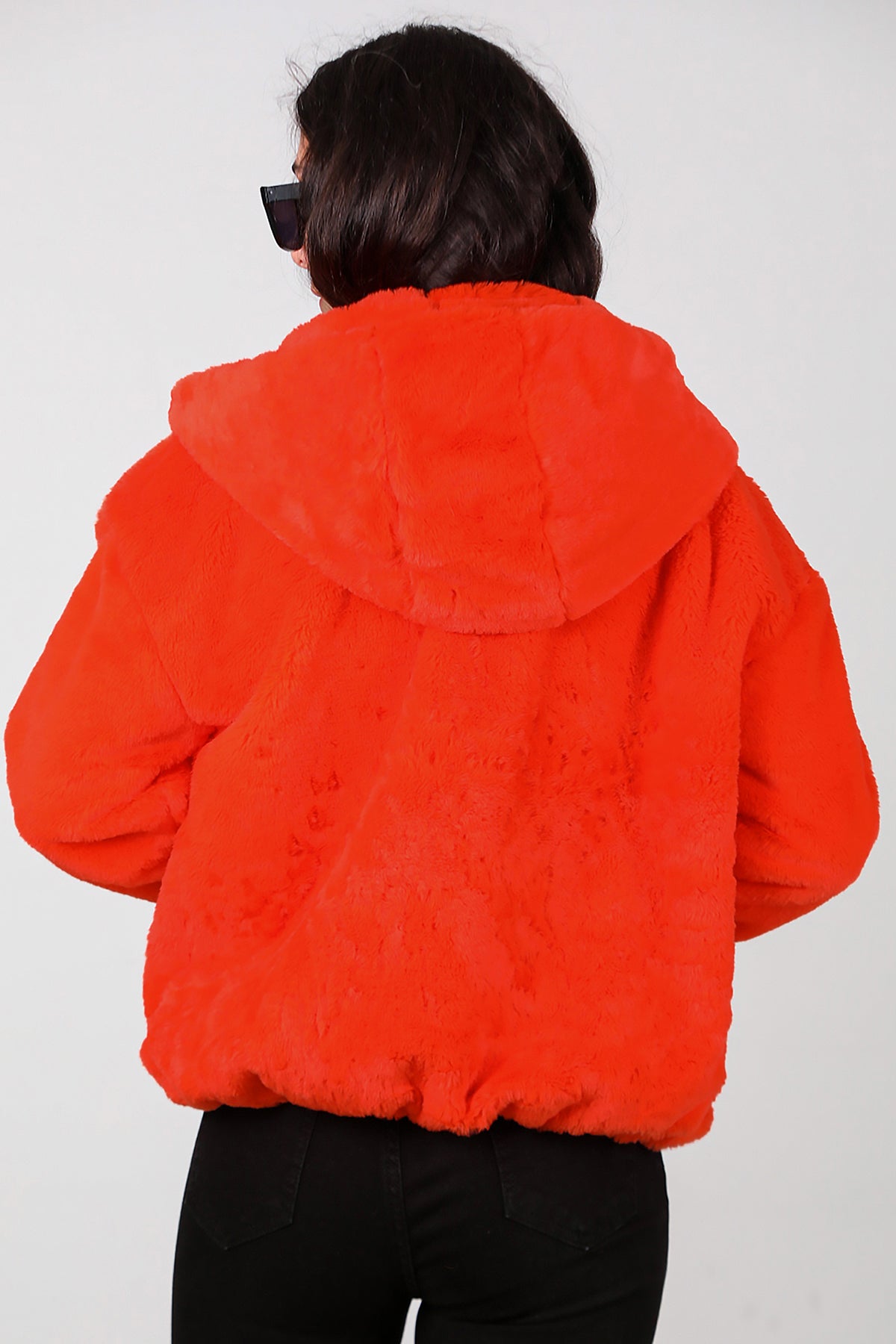 Kadın Etek Ucu Lastikli Kapşonlu Peluş Mont Turuncu