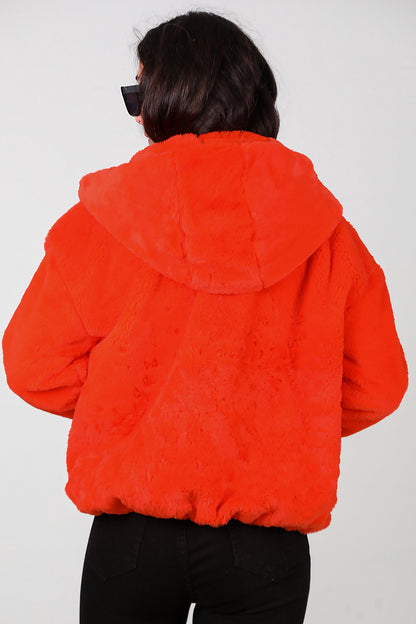 Kadın Etek Ucu Lastikli Kapşonlu Peluş Mont Turuncu